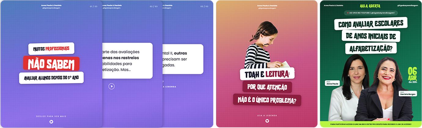 Outros exemplos visuais de posts e criativos desenvolvidos com a maquina de conteudo.