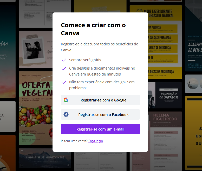 Página de Registro do Canva - Para acessa-la digite: https://www.canva.com/pt_br/